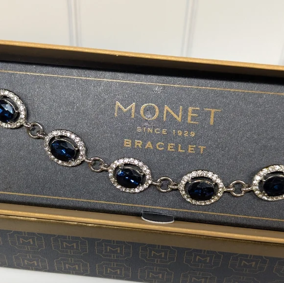 Vintage NWT Monet Bracelet "Sapphire" Blue & clear stones - Picture 2 of 3